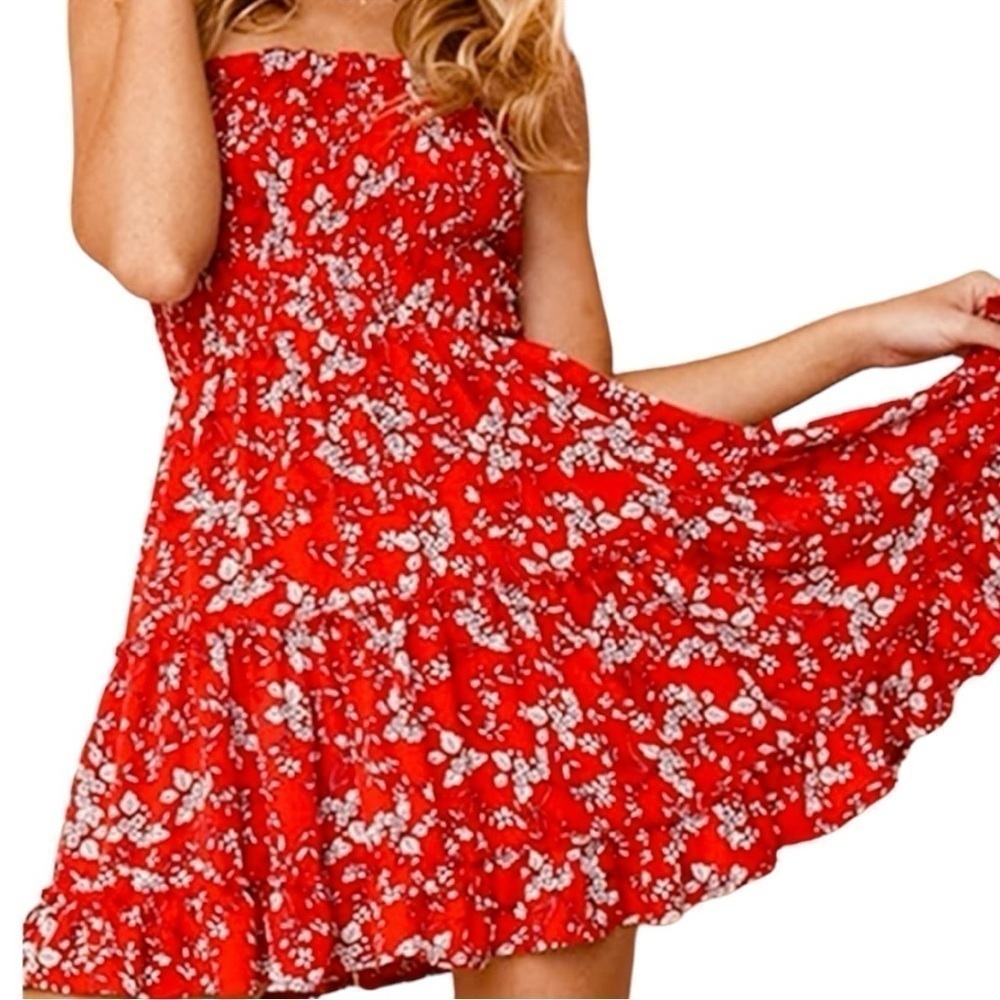 Patrons of peace ruffled sundress red floral strapless tiered ruffles smocked